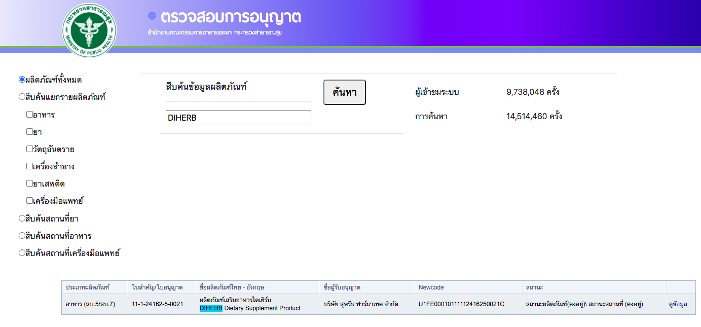 หมายเลข อย. ผลิตภัณฑ์ Diherb